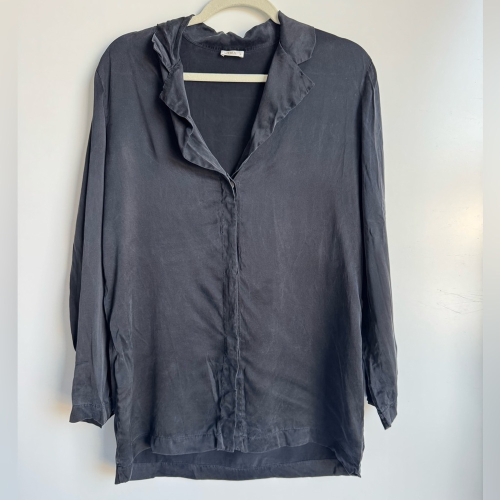 La Perla Navy Blue 100%‎ Silk Long sleeve Button down Top Women Small luxury